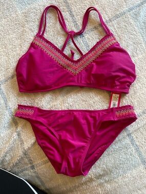 Xhilaration Fuchsia Pink Embroidered Trim Bikini Set Medium Bottom Large Top